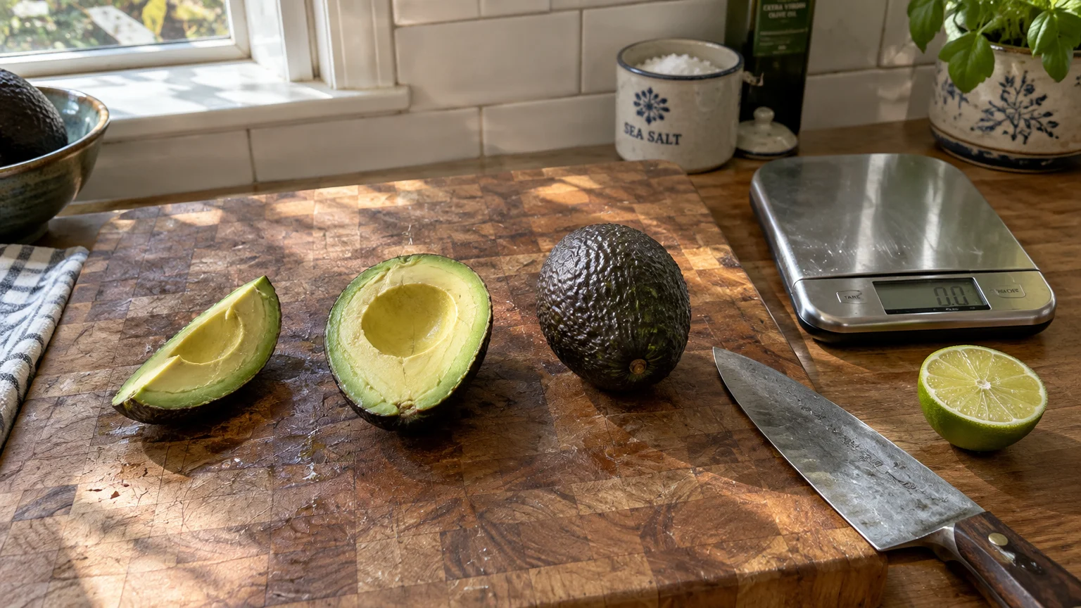 Cut avocado slice, halved avocado, and whole avocado on a wooden board next to a kitchen scale and knife.