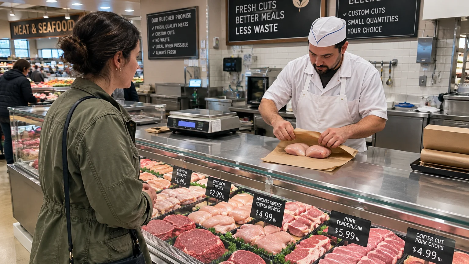 A butcher in a paper hat wraps chicken breasts in paper behind a grocery meat display case for a customer.