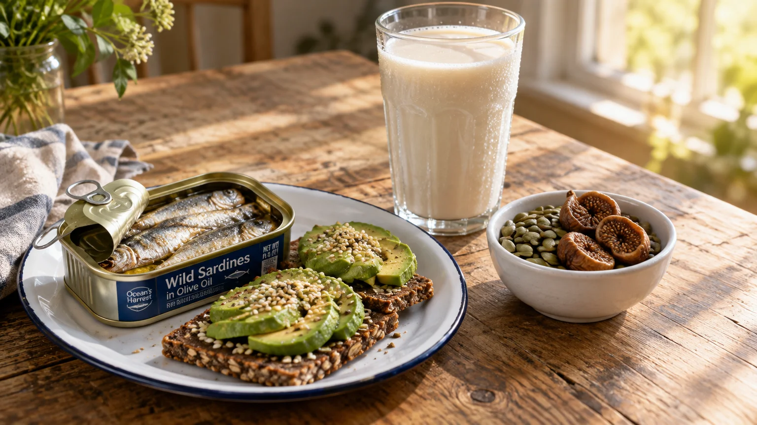 Tinned sardines, seeded avocado toast, a tall glass of milk, and a small bowl of dried figs and pumpkin seeds.