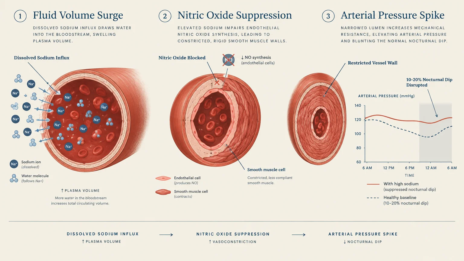 Three-part diagram showing blood vessel constriction from dissolved sodium influx, nitric oxide blockage, and blood pressure.