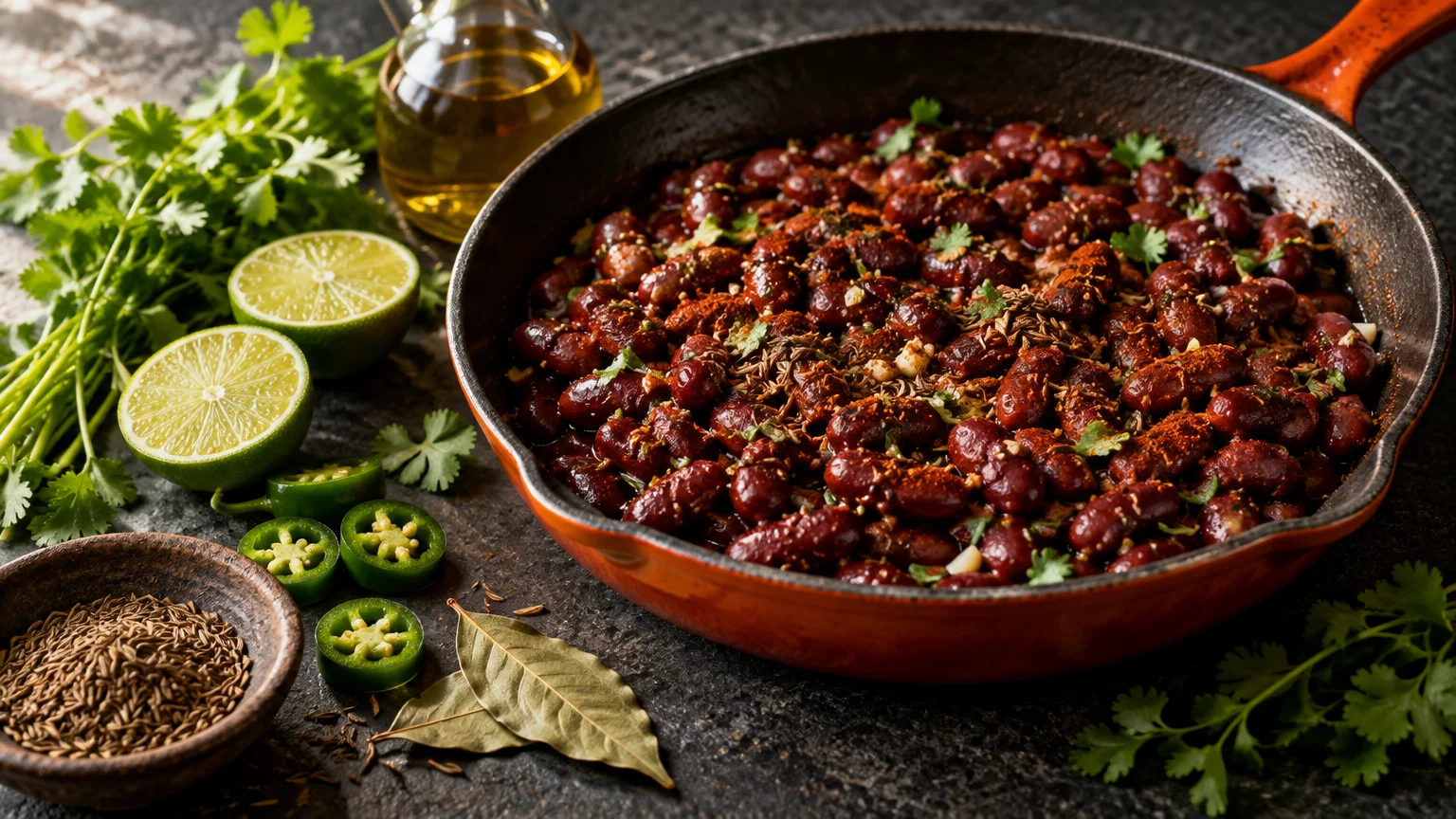 Black beans cooked in a skillet, surrounded by cut limes, jalapeño slices, bay leaves, cumin seeds, and fresh cilantro.