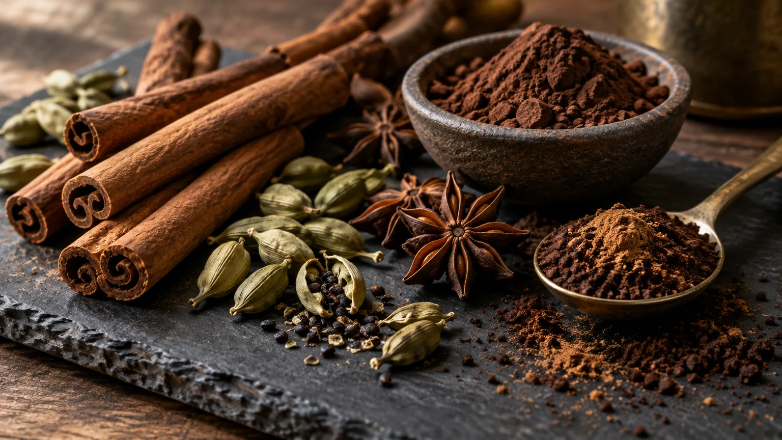 Cinnamon sticks, cardamom pods, star anise, cocoa powder in a bowl, and ground coffee in a vintage spoon on dark slate.