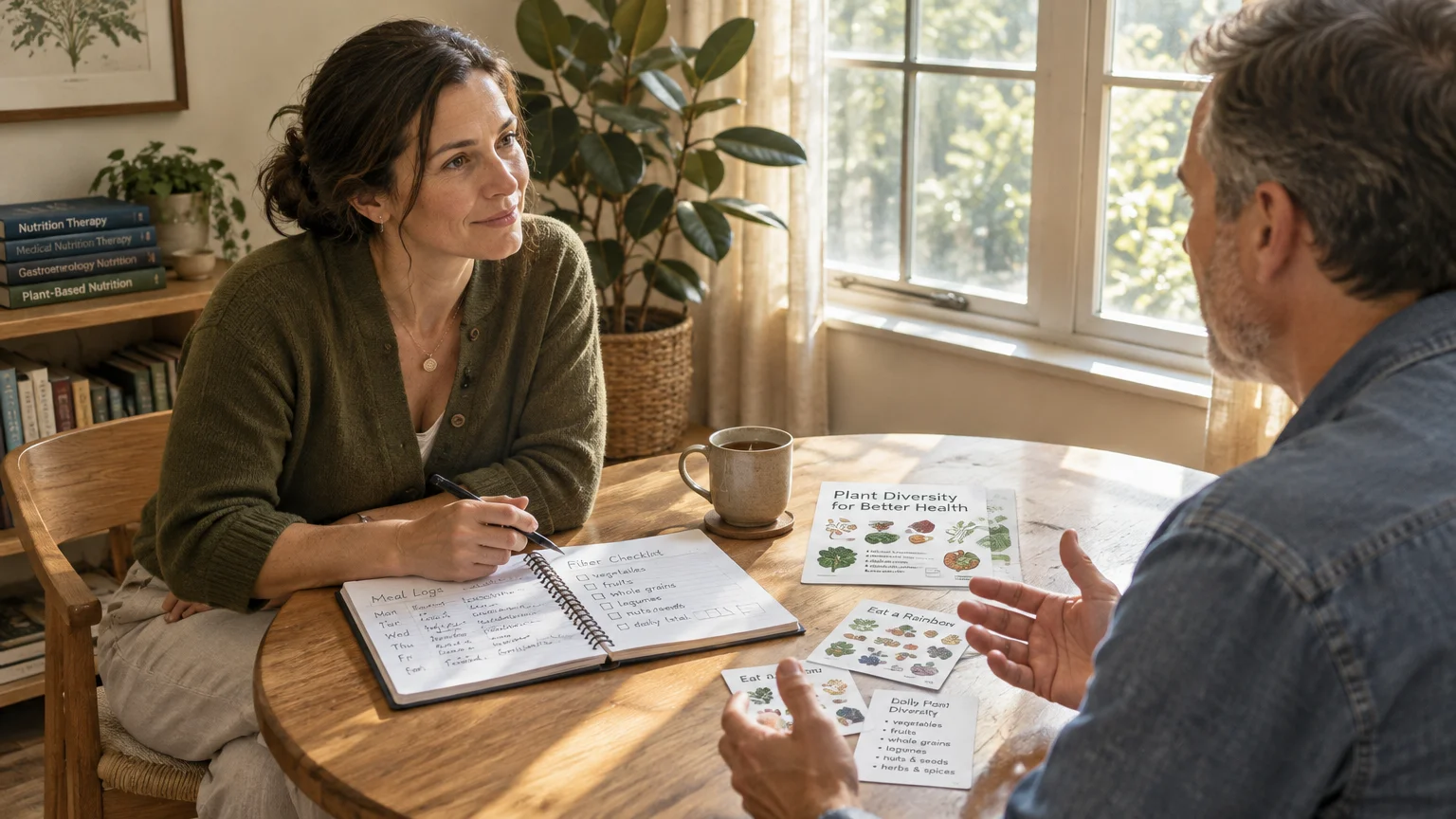 A woman with a meal log notebook listens to a man seated across a wooden table with nutrition cards.