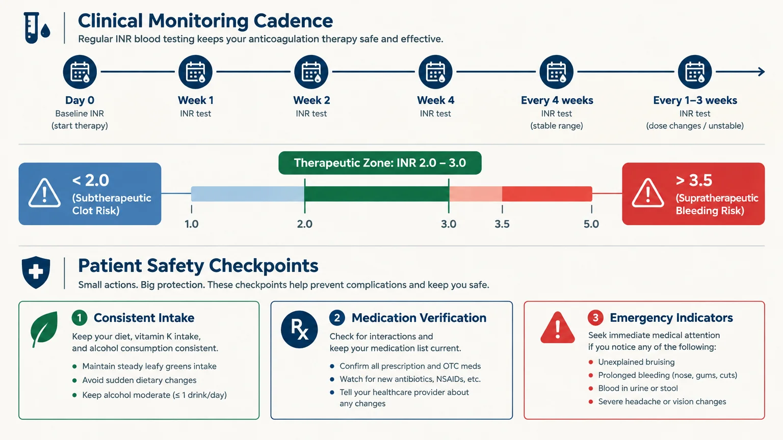 Infographic detailing clinical monitoring cadence, therapeutic INR zones between 2.0 and 3.0, and patient safety checkpoints.