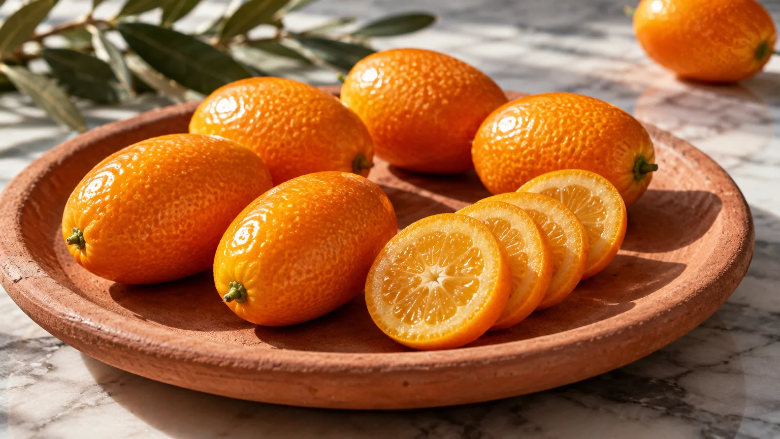 Whole and sliced bright orange kumquats arranged on a terracotta plate over a marble surface in sunlight.
