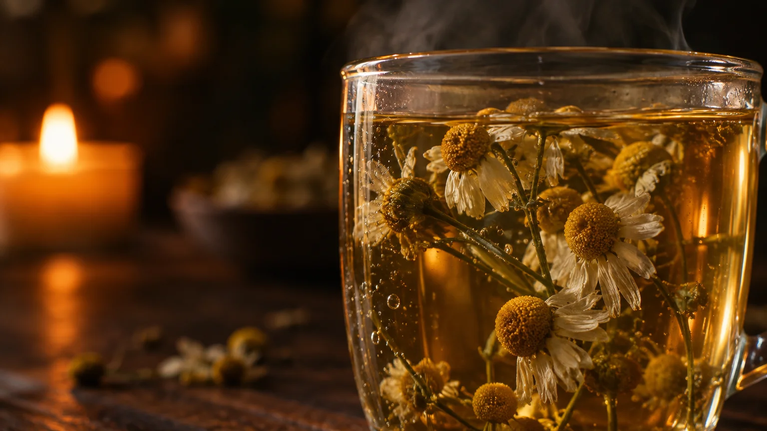 Steaming chamomile tea in a clear glass mug with whole flowers, lit warmly alongside a glowing candle.
