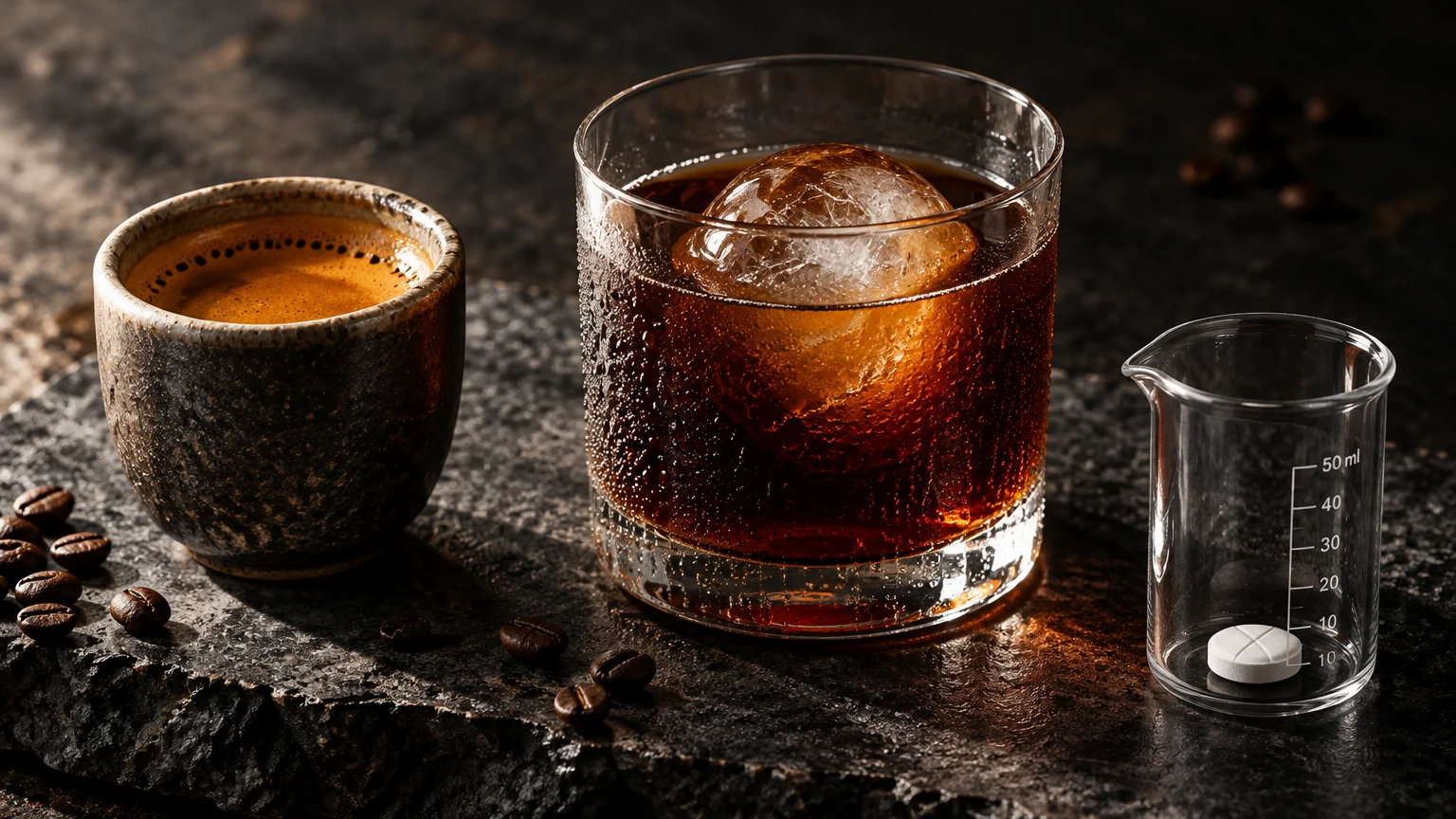 A cup of espresso, cold brew with an ice sphere, coffee beans, and a small glass beaker containing a white pill.