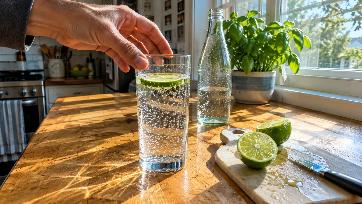 A hand reaching for a glass of sparkling water with a lime slice on a sunny wooden countertop next to cut limes.