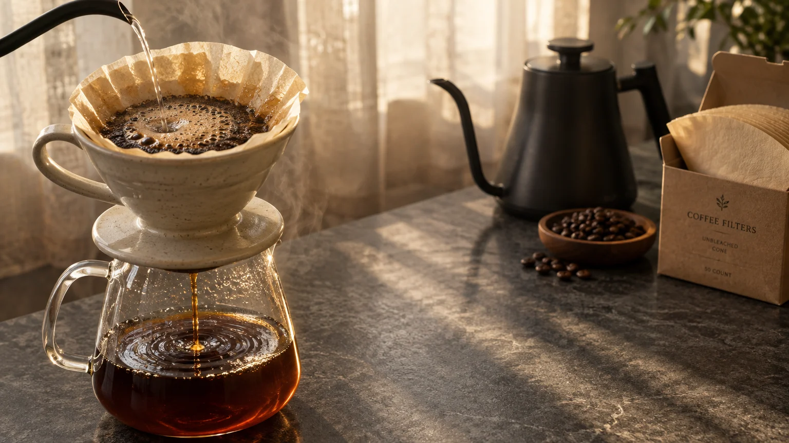 Water pouring into a pour-over coffee dripper brewing into a glass carafe beside a black kettle and paper filters.