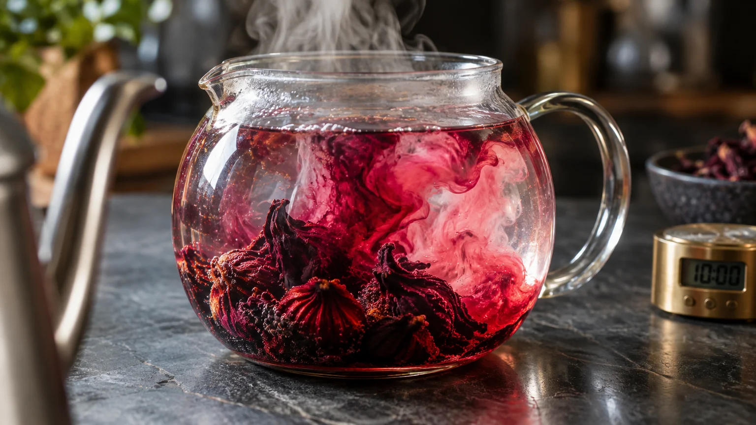 Dried hibiscus calyxes steeping in a clear glass teapot with swirling magenta color and a digital timer nearby.