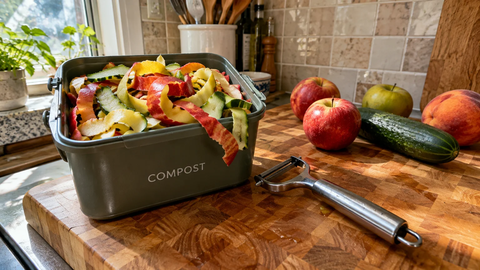 A countertop compost bin overflowing with fruit and vegetable peels next to a peeler, apples, and a cucumber.