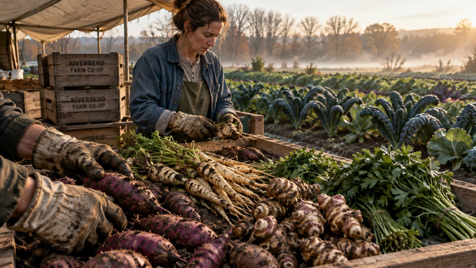 A farmer sorts freshly harvested root vegetables and herbs onto a wooden table in an outdoor field at sunrise.