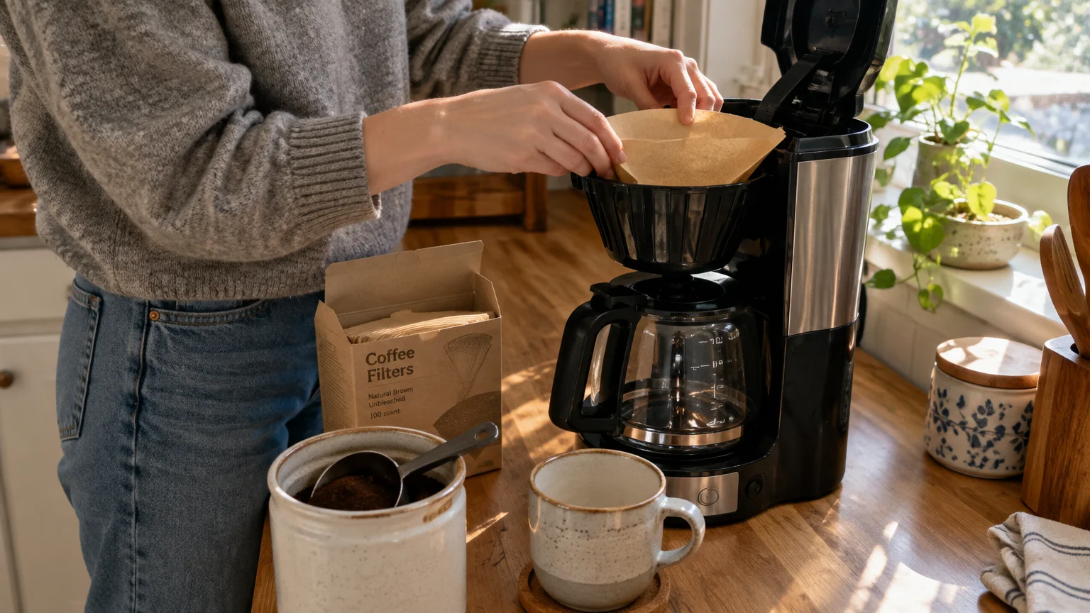 A person places an unbleached paper filter into a drip coffee maker beside a canister of ground coffee and a mug.