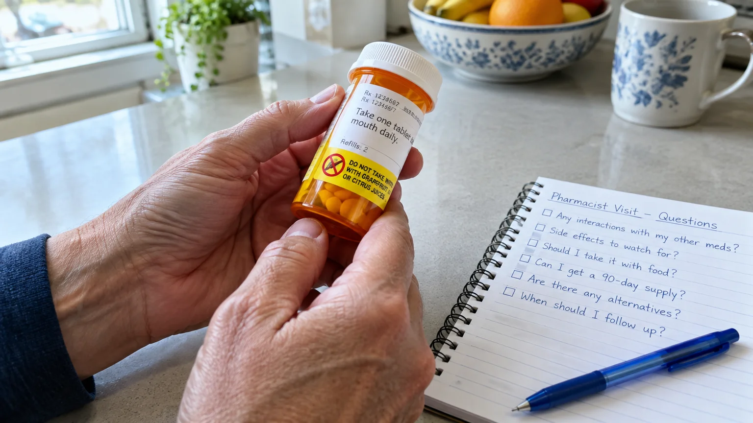 Hands holding a prescription pill bottle with a citrus warning label next to a handwritten pharmacist question list.