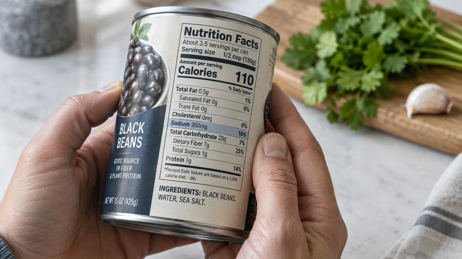 Hands holding a can of black beans, showing the Nutrition Facts panel with 360 milligrams of sodium highlighted.