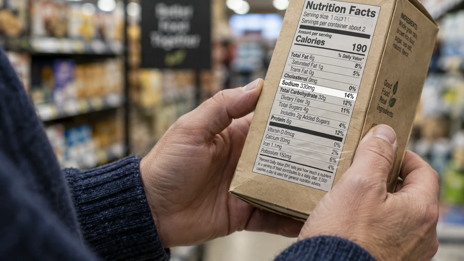 A shopper holds a cardboard food package in an aisle, examining the Nutrition Facts panel on the back.