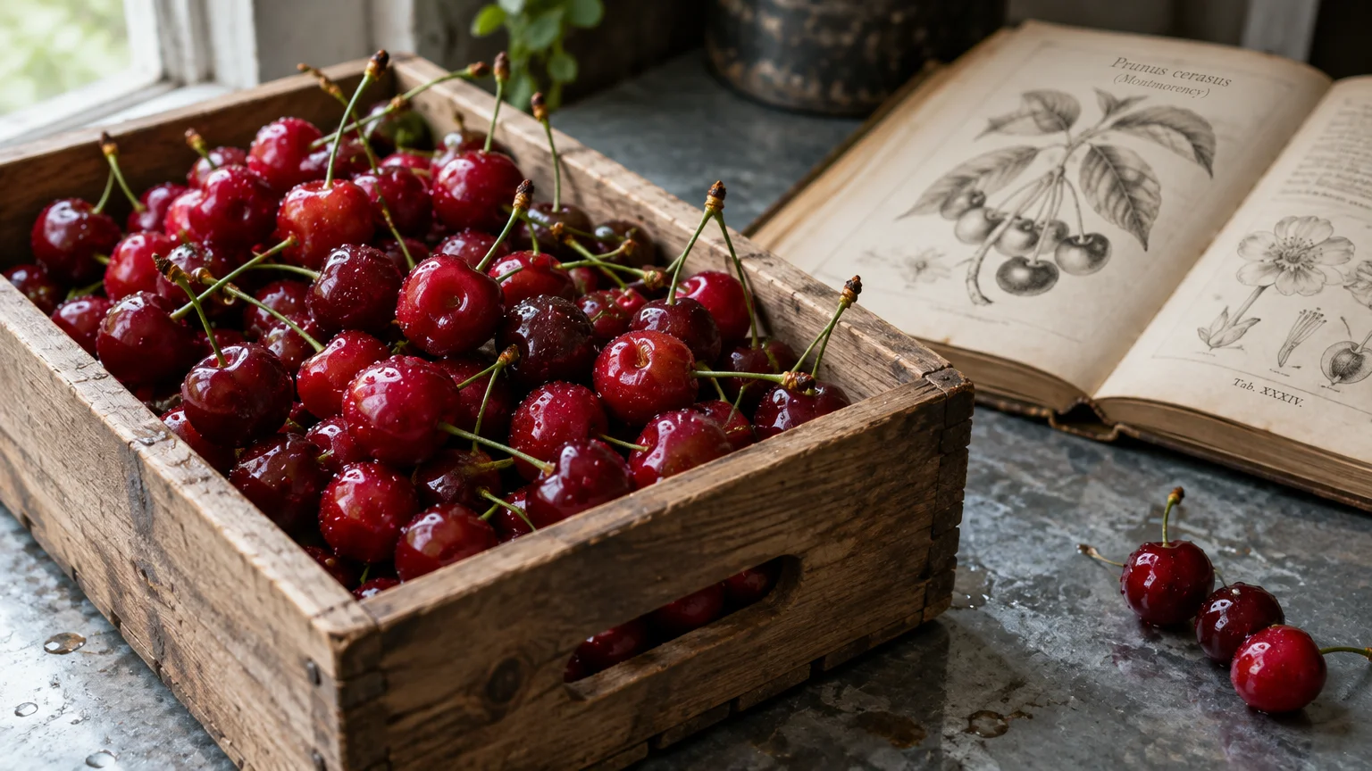 Fresh red cherries in a rustic wooden crate beside an open vintage botanical book with illustrations.