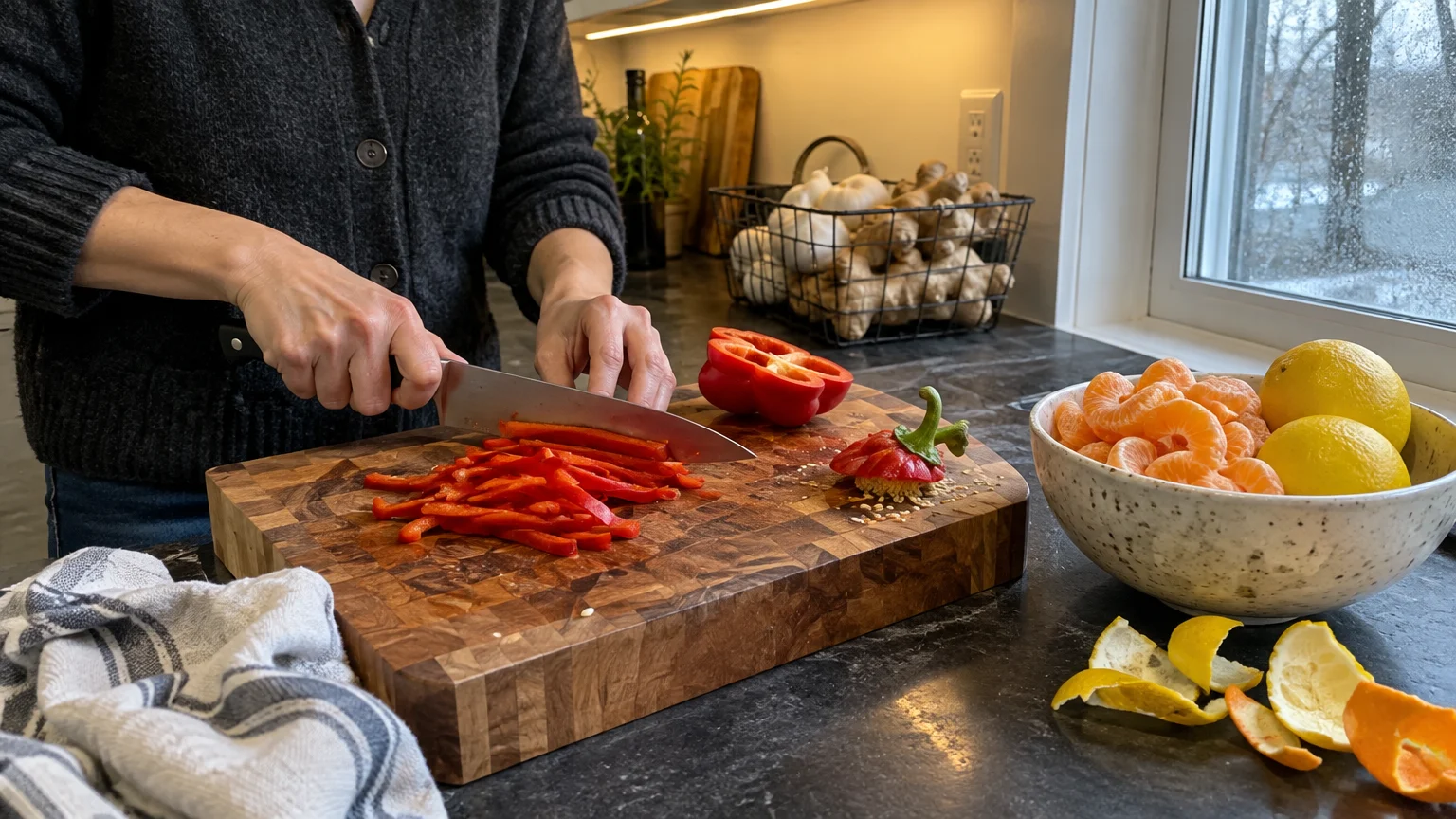 Person slicing a red bell pepper on a wooden cutting board beside a bowl filled with peeled citrus fruit.