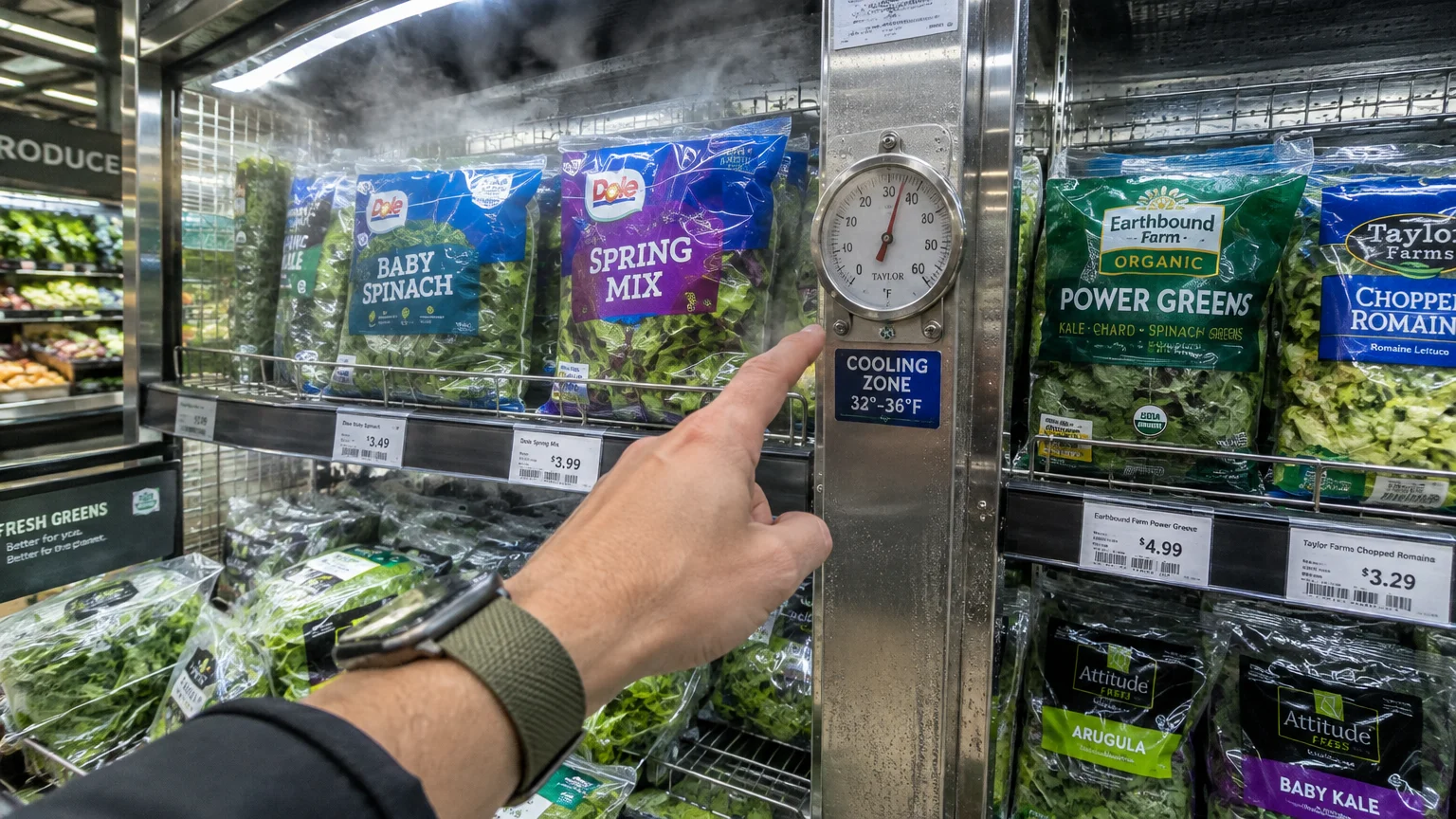 A shopper's hand points toward a round dial thermometer reading 34 degrees Fahrenheit inside a refrigerated salad case.