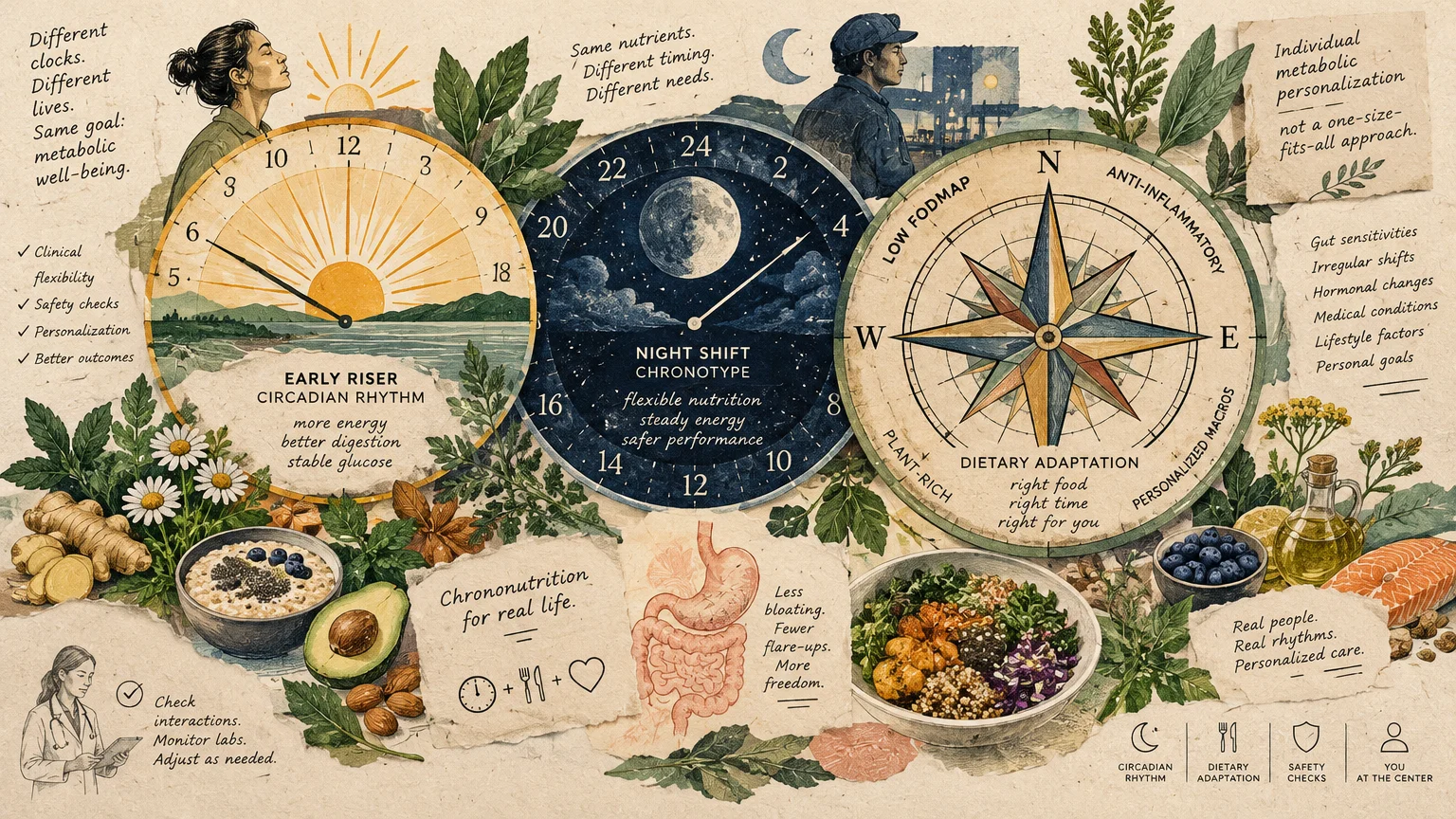 Collage featuring clocks for day and night chronotypes, a dietary compass, healthy foods, and anatomical sketches.