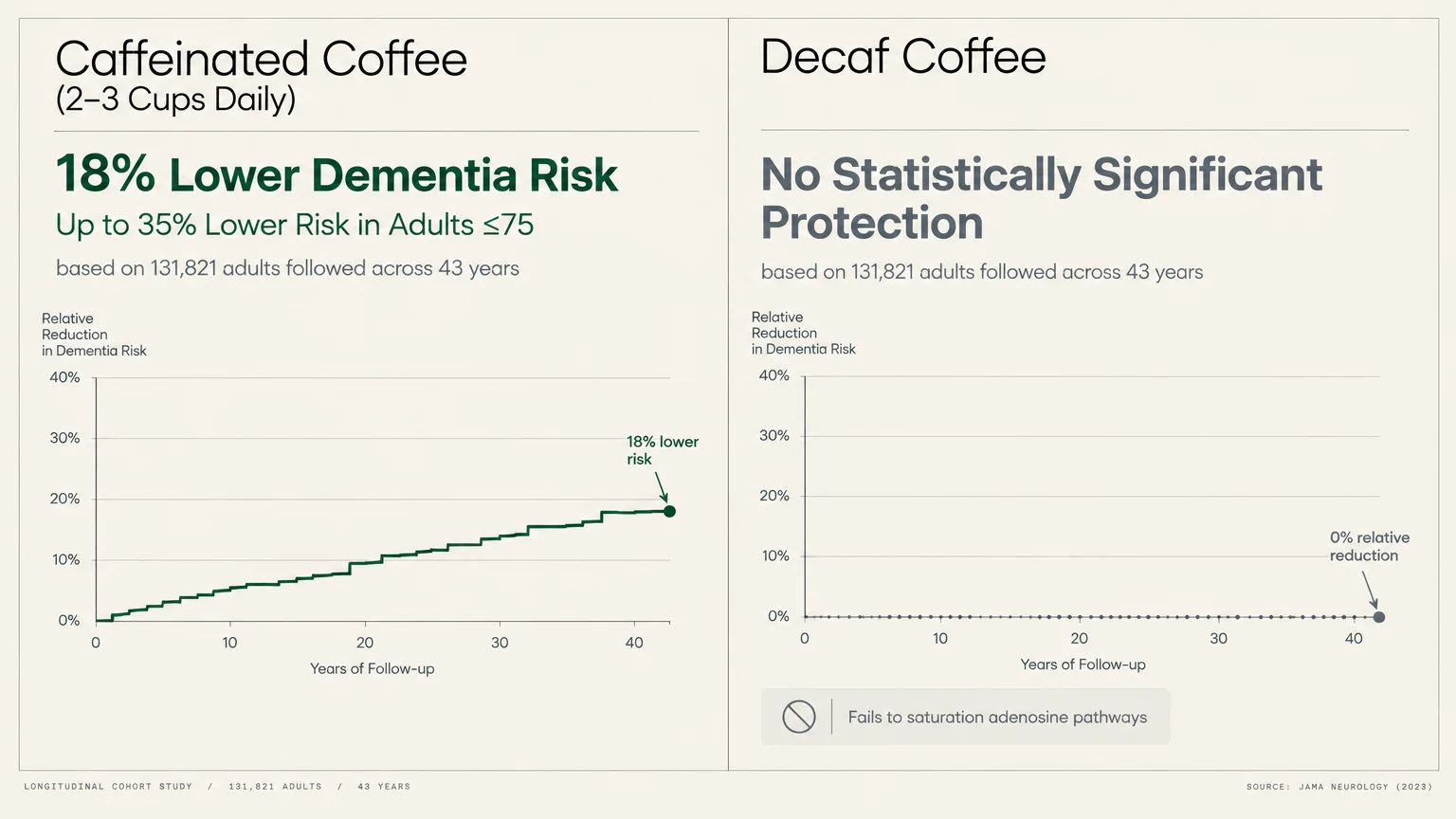 Charts comparing caffeinated coffee's 18% lower dementia risk over 43 years to decaf's flat line showing 0% reduction.