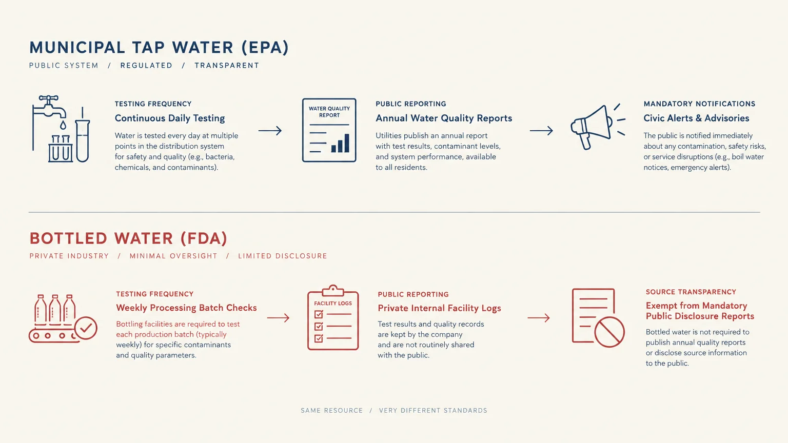 Diagram comparing EPA municipal tap water rules and FDA bottled water oversight across testing, reporting, and transparency.