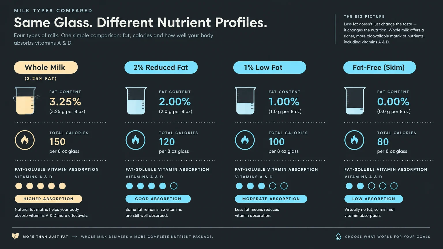 Infographic comparing fat content, calories, and vitamin absorption across whole, 2% reduced fat, 1% low fat, and skim milk.