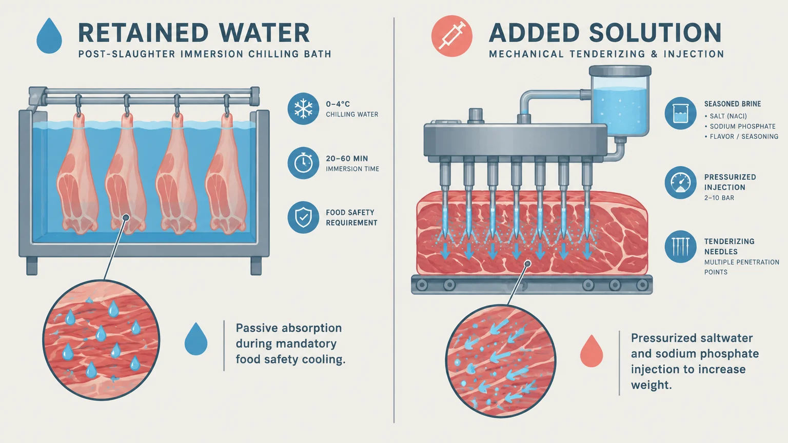 Diagram comparing retained water from a chilling bath on raw poultry to added solution injected via needles into meat.
