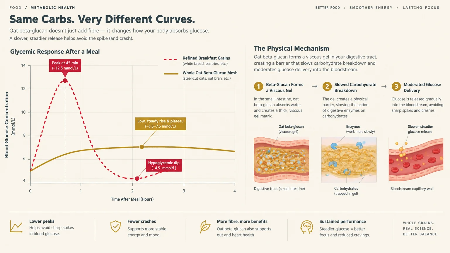 Line graph comparing glycemic responses and a three-step diagram showing oat beta-glucan slowing digestion in the gut.