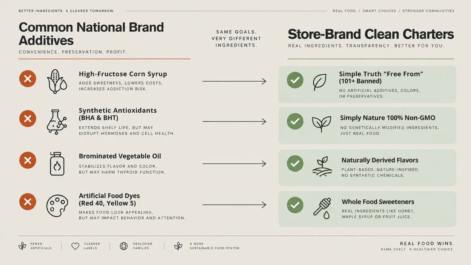 Graphic comparing common national brand additives on the left with store-brand clean charter alternatives on the right.