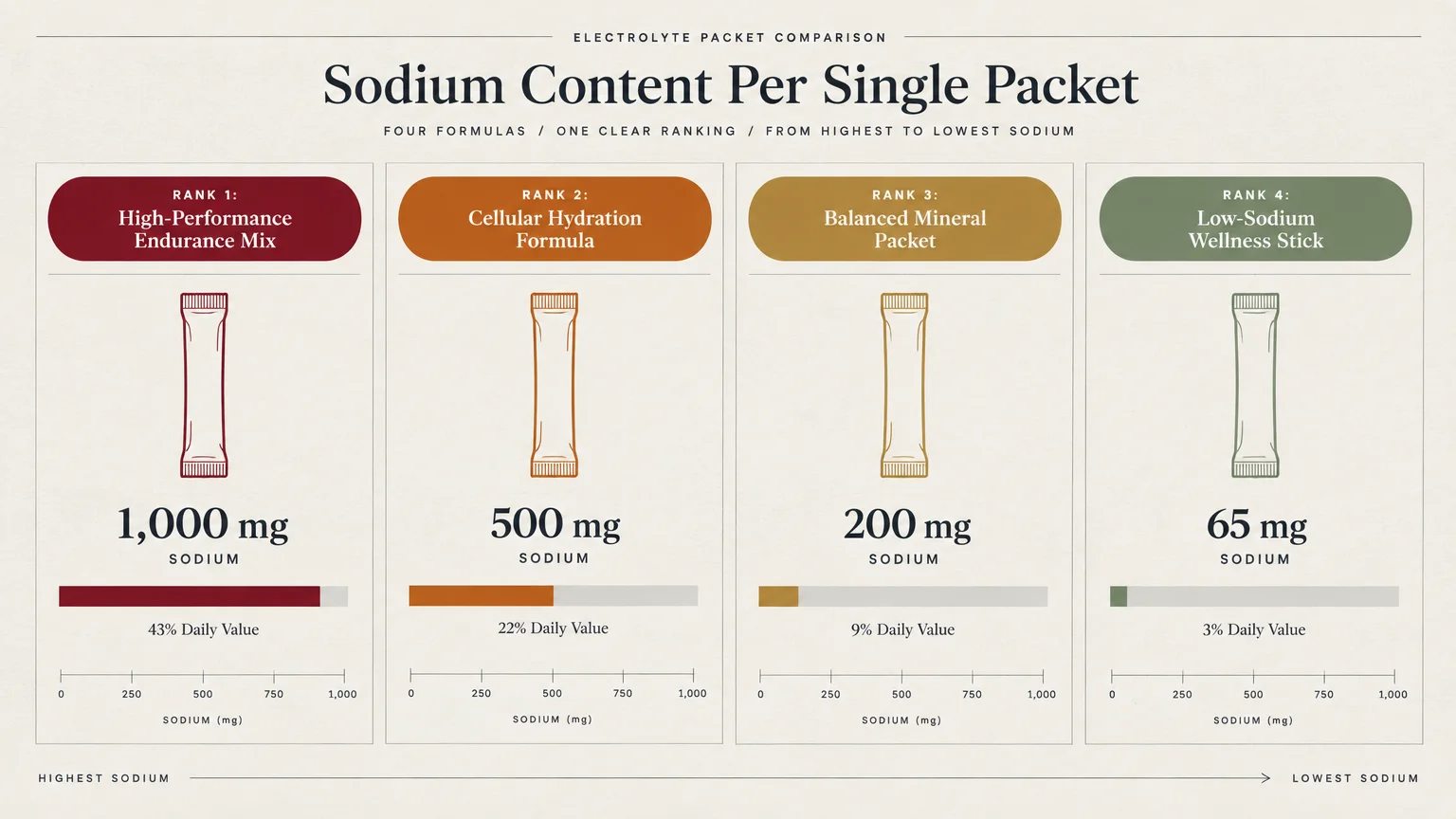 Diagram ranking four electrolyte packets by sodium content, from 1,000 mg down to 65 mg with percent daily values.