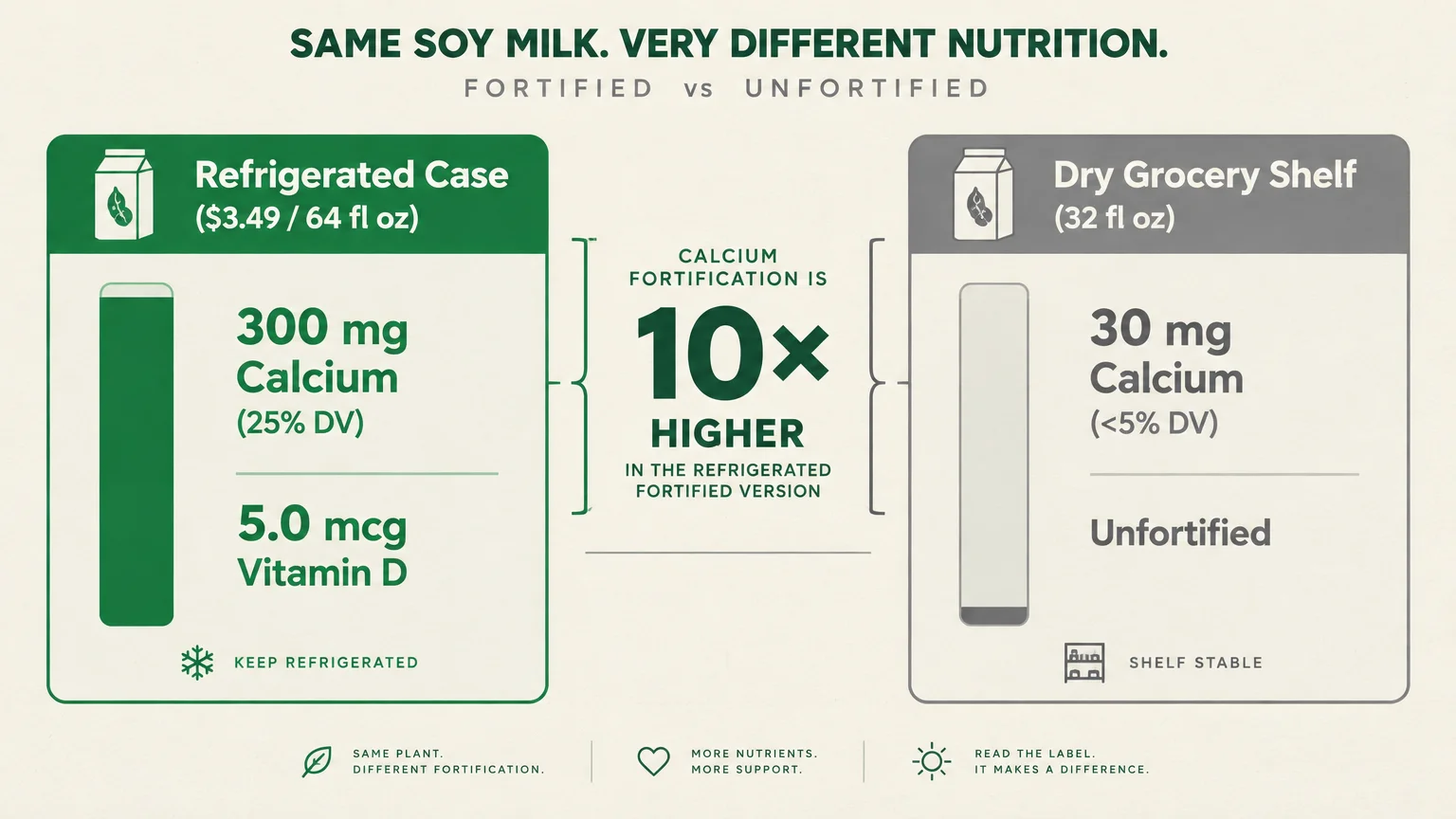 Graphic comparing refrigerated soy milk with 300 mg calcium to shelf-stable soy milk with only 30 mg calcium.