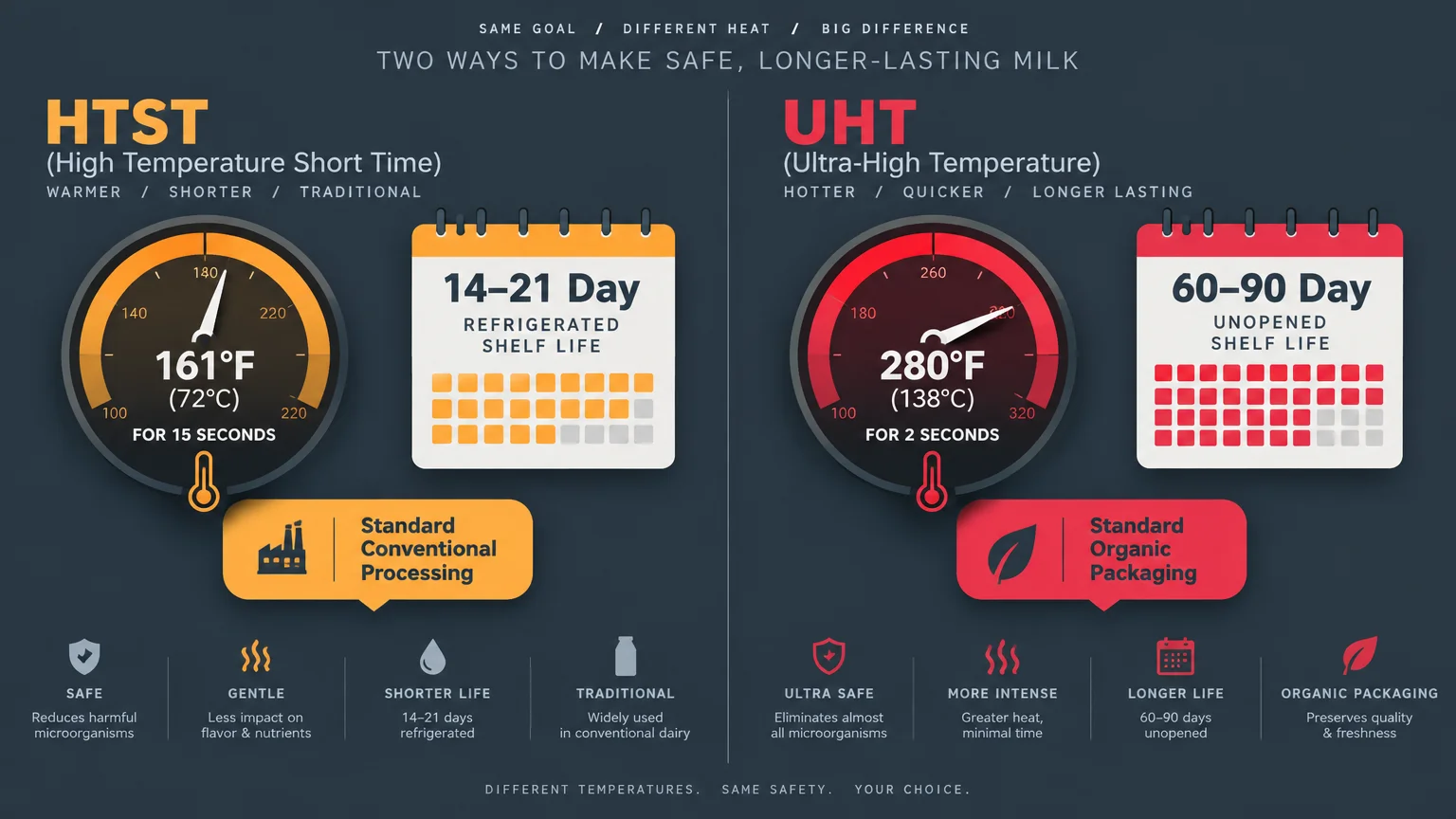 Infographic comparing HTST pasteurization at 161 degrees Fahrenheit with UHT processing at 280 degrees Fahrenheit and shelf lives.