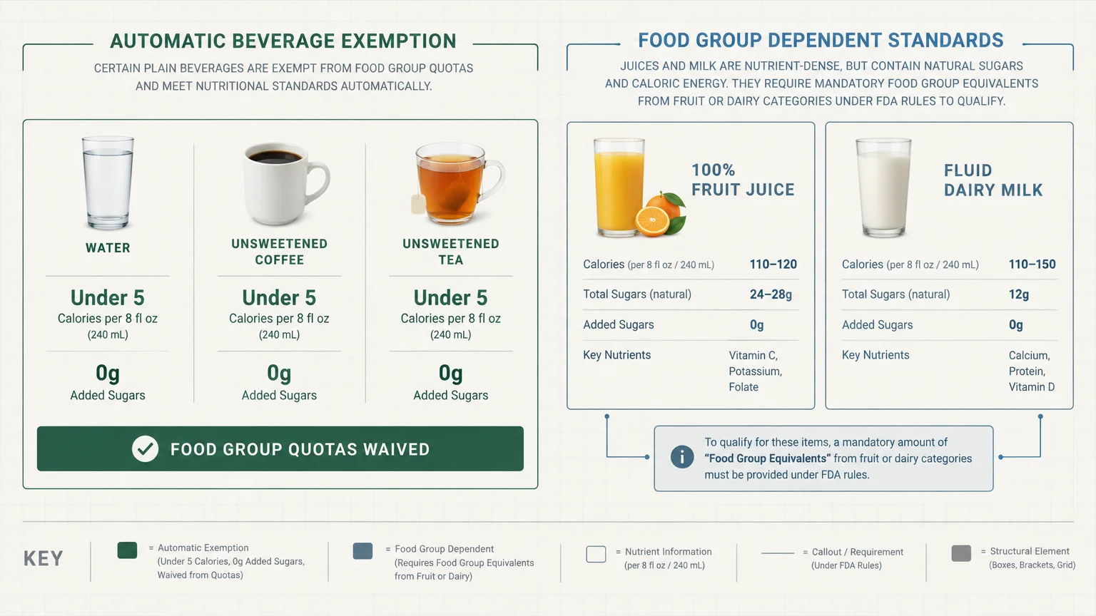 Infographic comparing automatic beverage exemptions for water, coffee, and tea against food group standards for juice and milk.