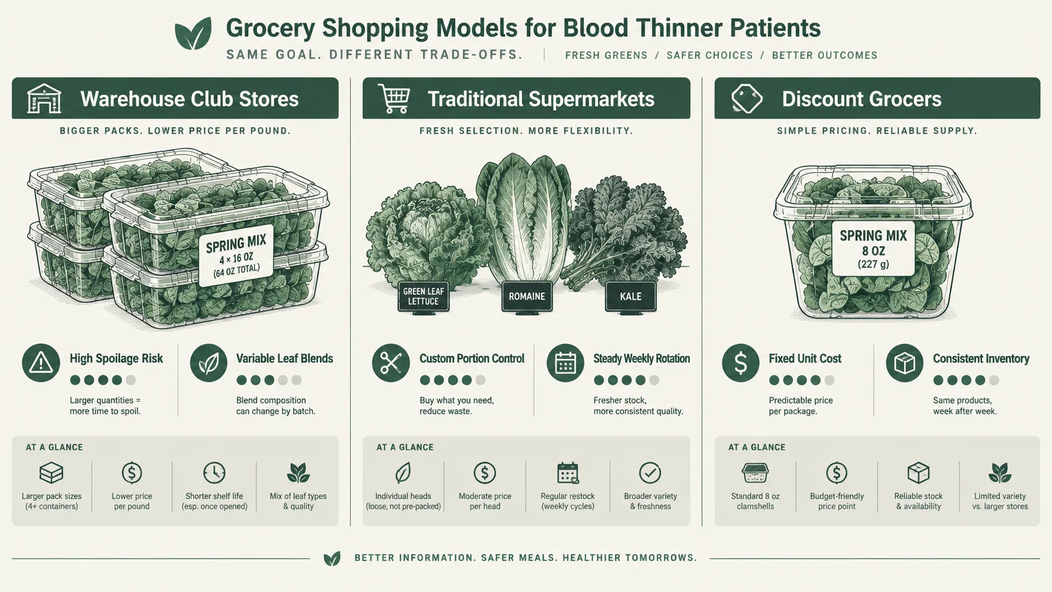 Infographic comparing leafy greens shopping at warehouse clubs, traditional supermarkets, and discount grocers.