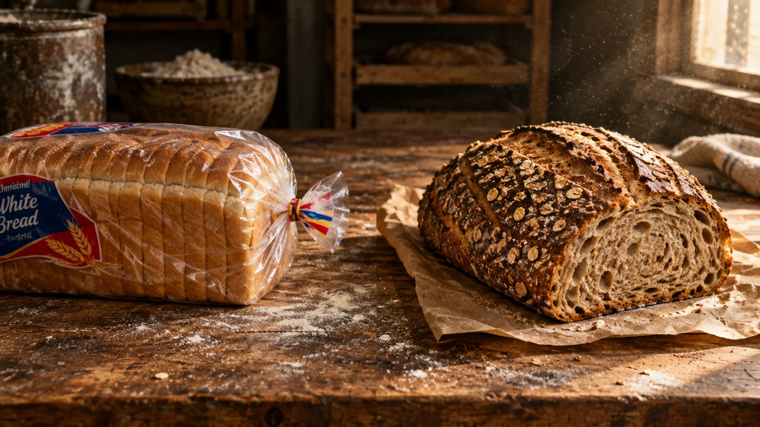 Sliced commercial white bread in plastic packaging next to an artisan seeded bread loaf on a rustic wooden table.