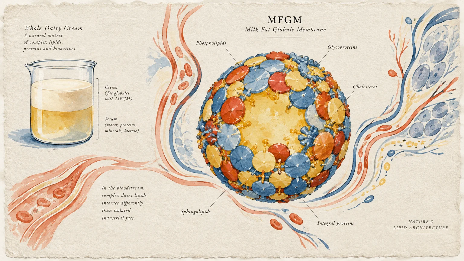 Watercolor scientific illustration of a milk fat globule membrane alongside a beaker of cream and flowing blood vessels.
