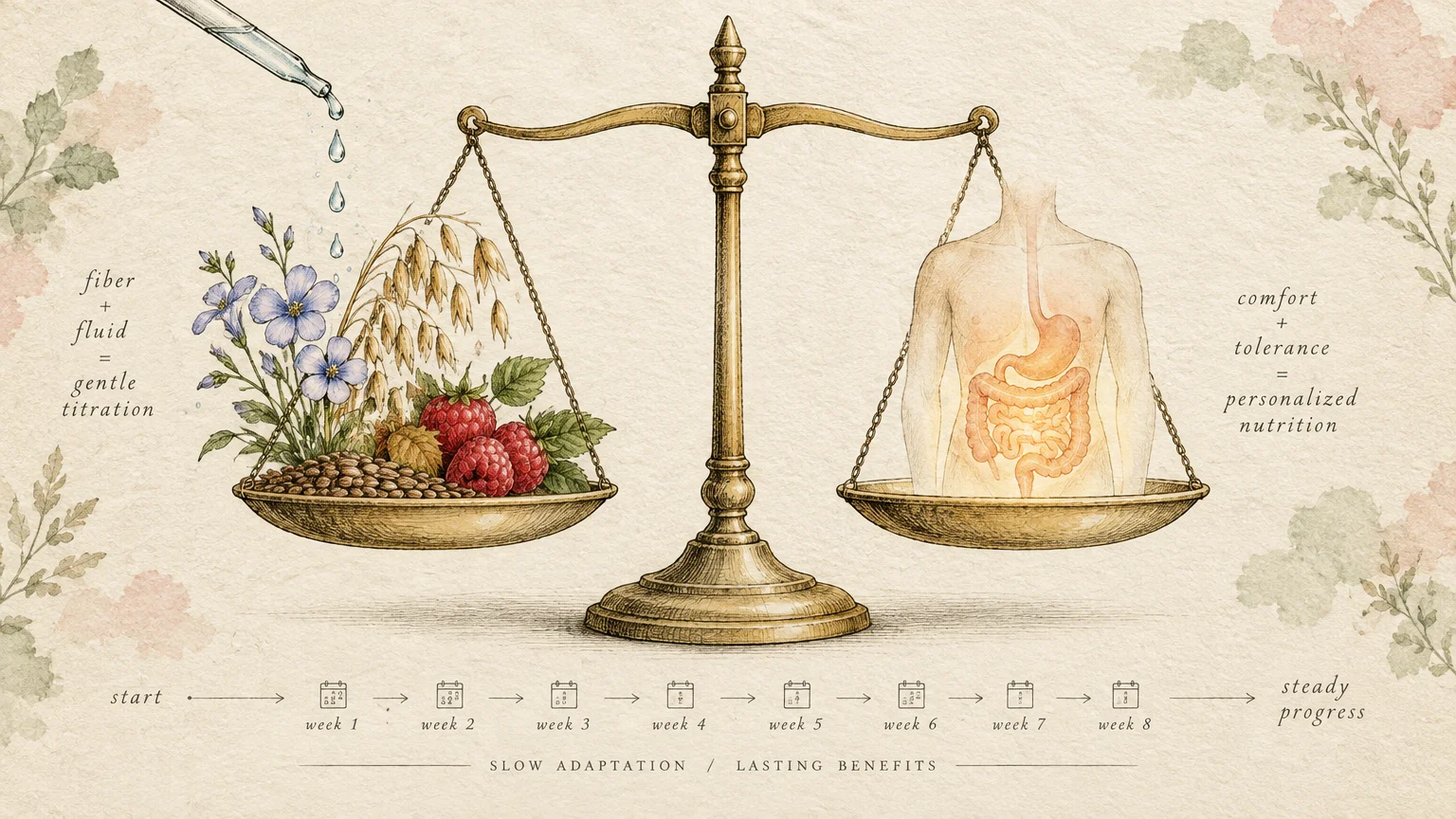Vintage scale balancing grains and berries against a human digestive tract, with an eight-week timeline along the bottom.