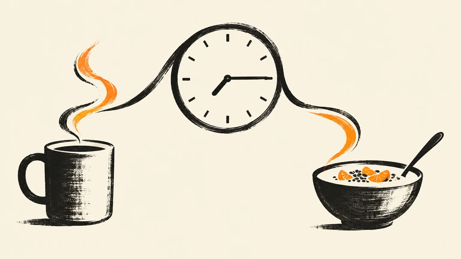Illustration of a steaming coffee mug and a breakfast bowl connected by steam lines looping over a wall clock.