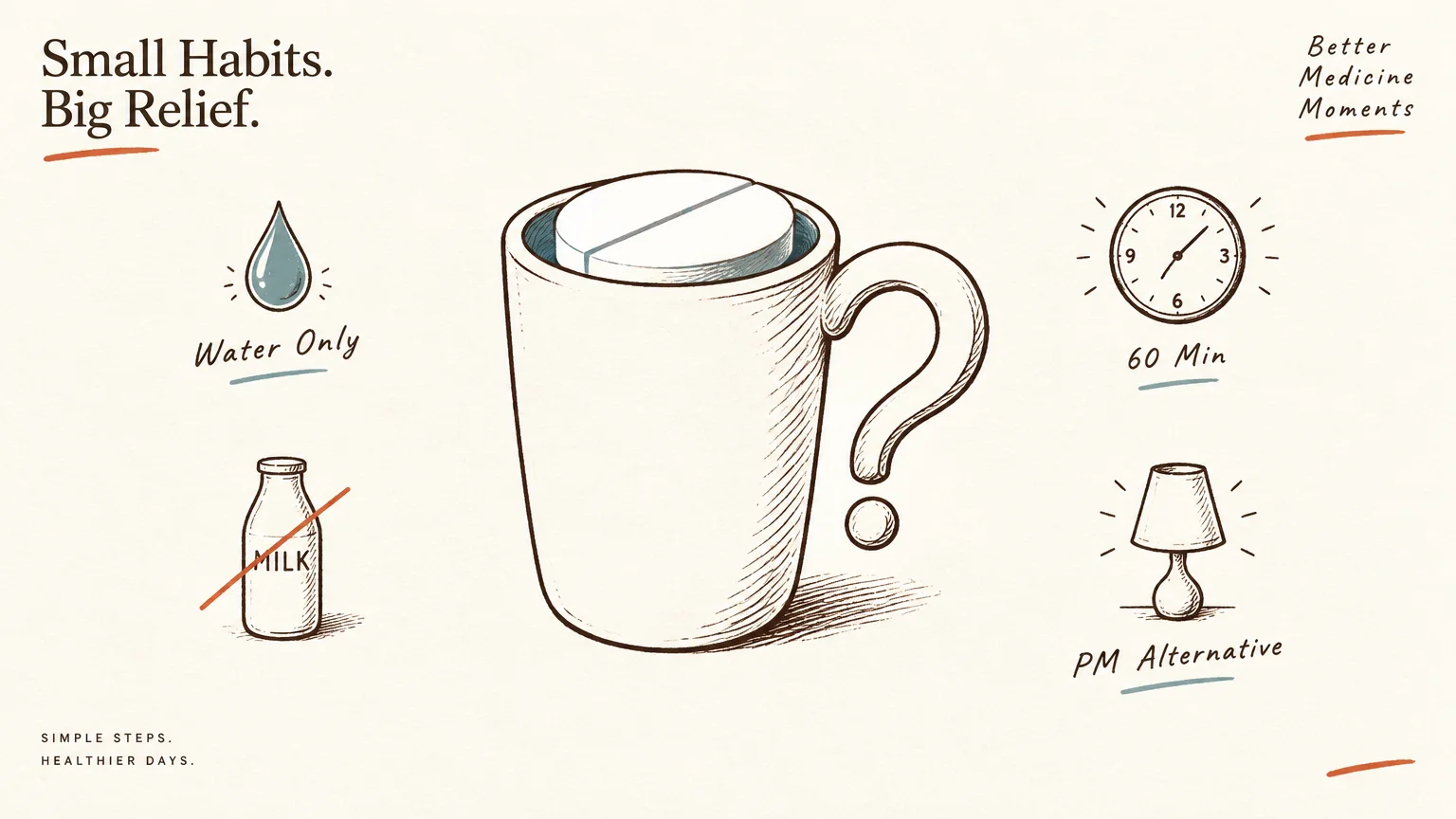 Illustration of a coffee mug shaped like a question mark containing a pill, surrounded by icons for water, milk, and time.