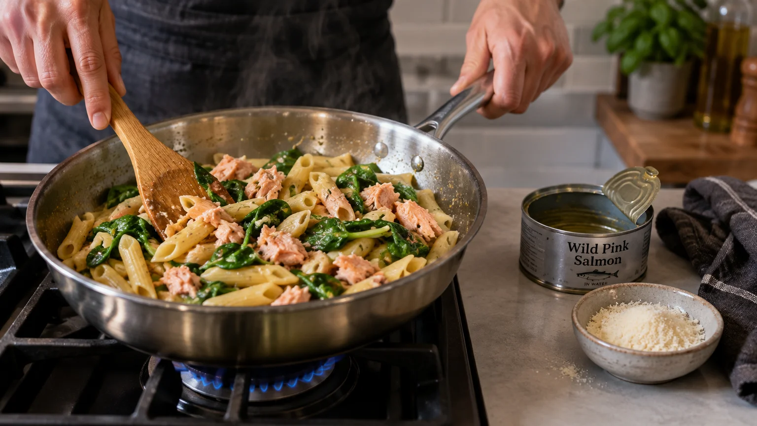 A cook tosses penne pasta, spinach, and canned salmon in a skillet on a stove beside an open tin and grated cheese.