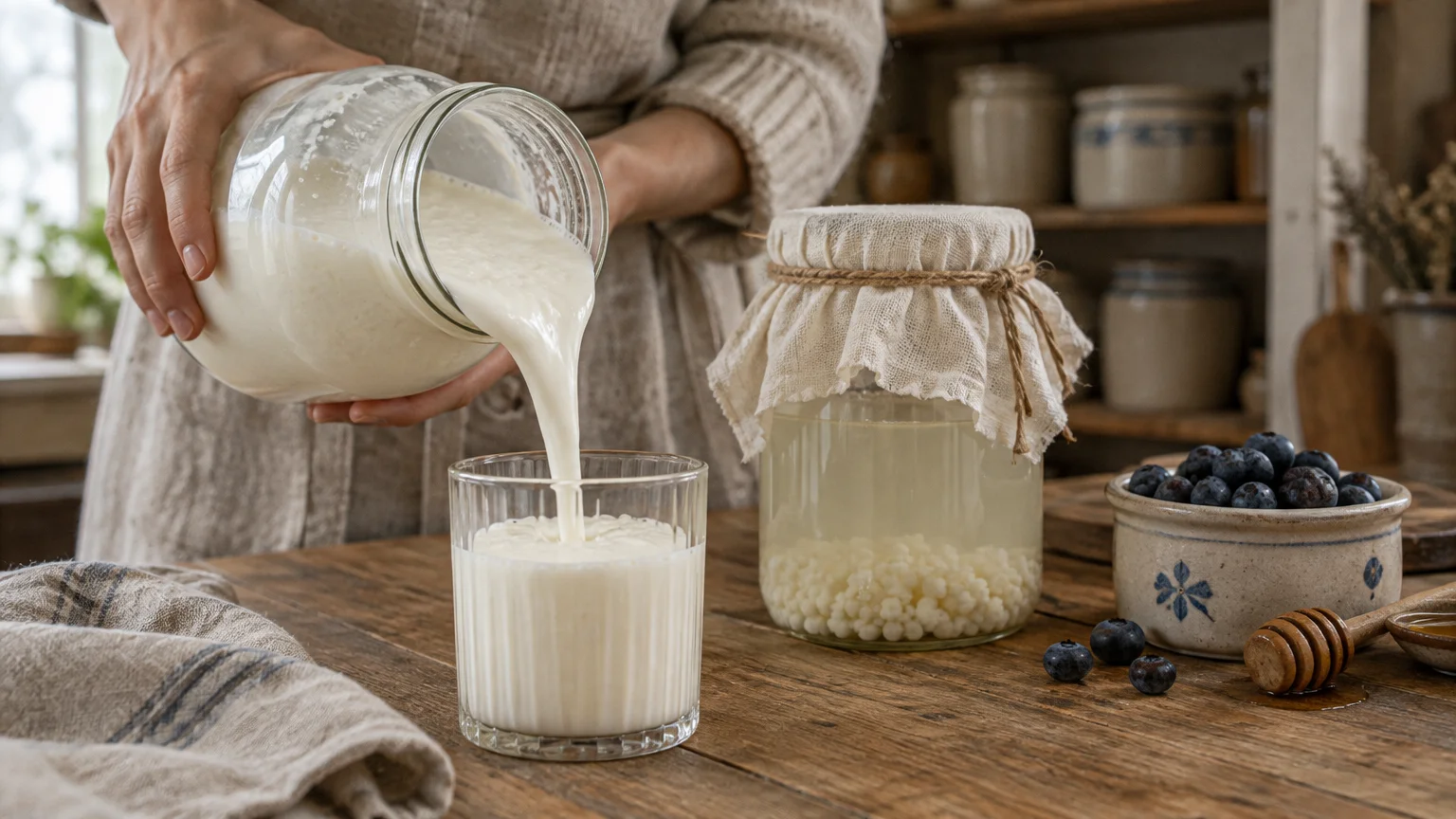 A person pours fresh milk kefir from a glass jar into a glass alongside a fermented jar with kefir grains and blueberries.