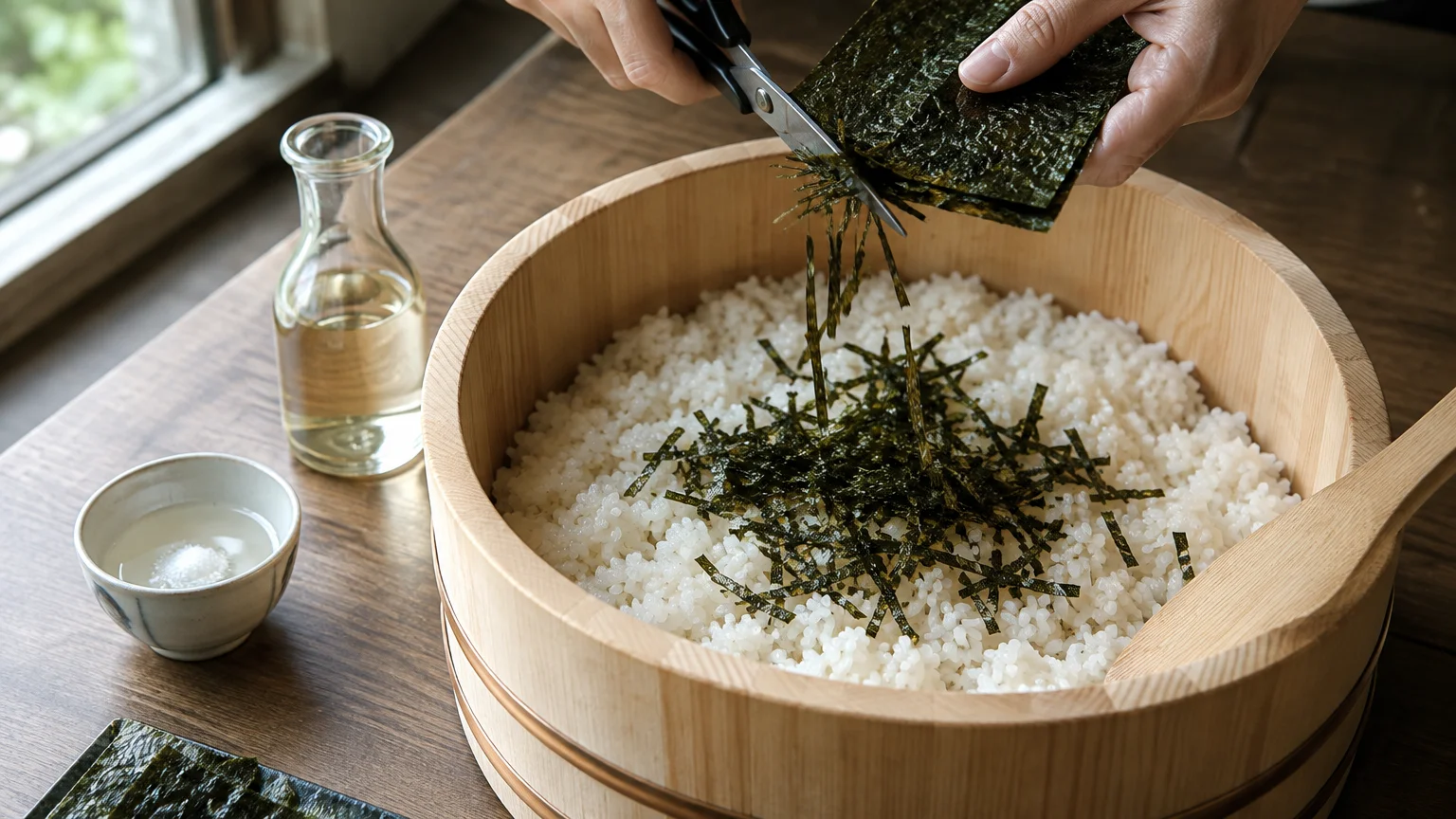 Hands cutting sheets of dried nori seaweed with scissors over a wooden tub filled with warm white rice.