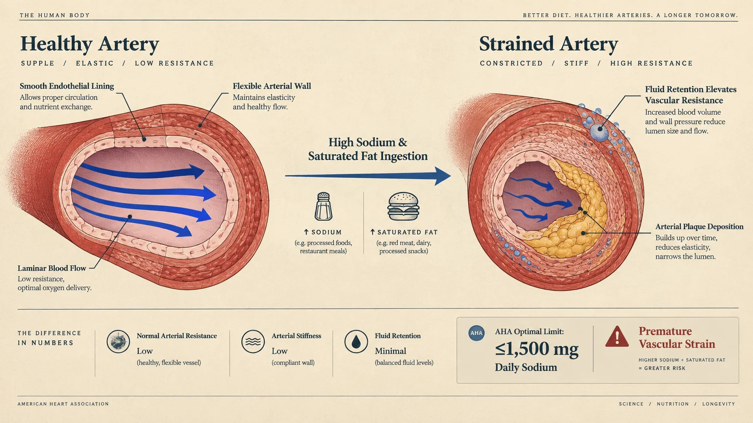 Medical diagram comparing cross sections of a wide healthy artery and a narrow, constricted strained artery.