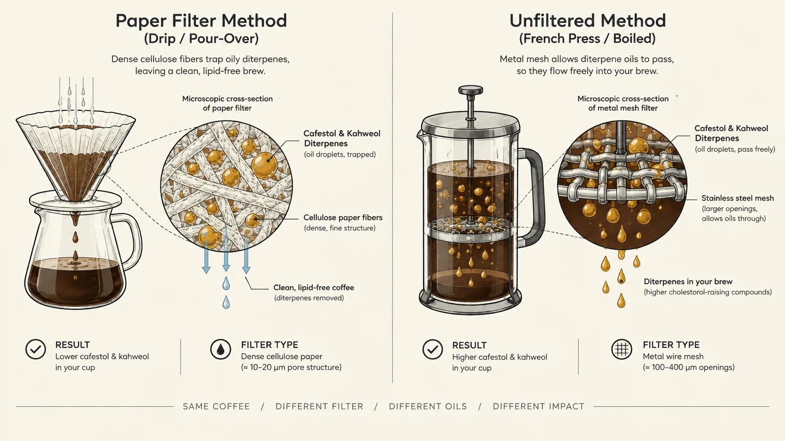 Diagram comparing paper filter drip coffee trapping cafestol oils against a French press metal mesh letting diterpenes pass.