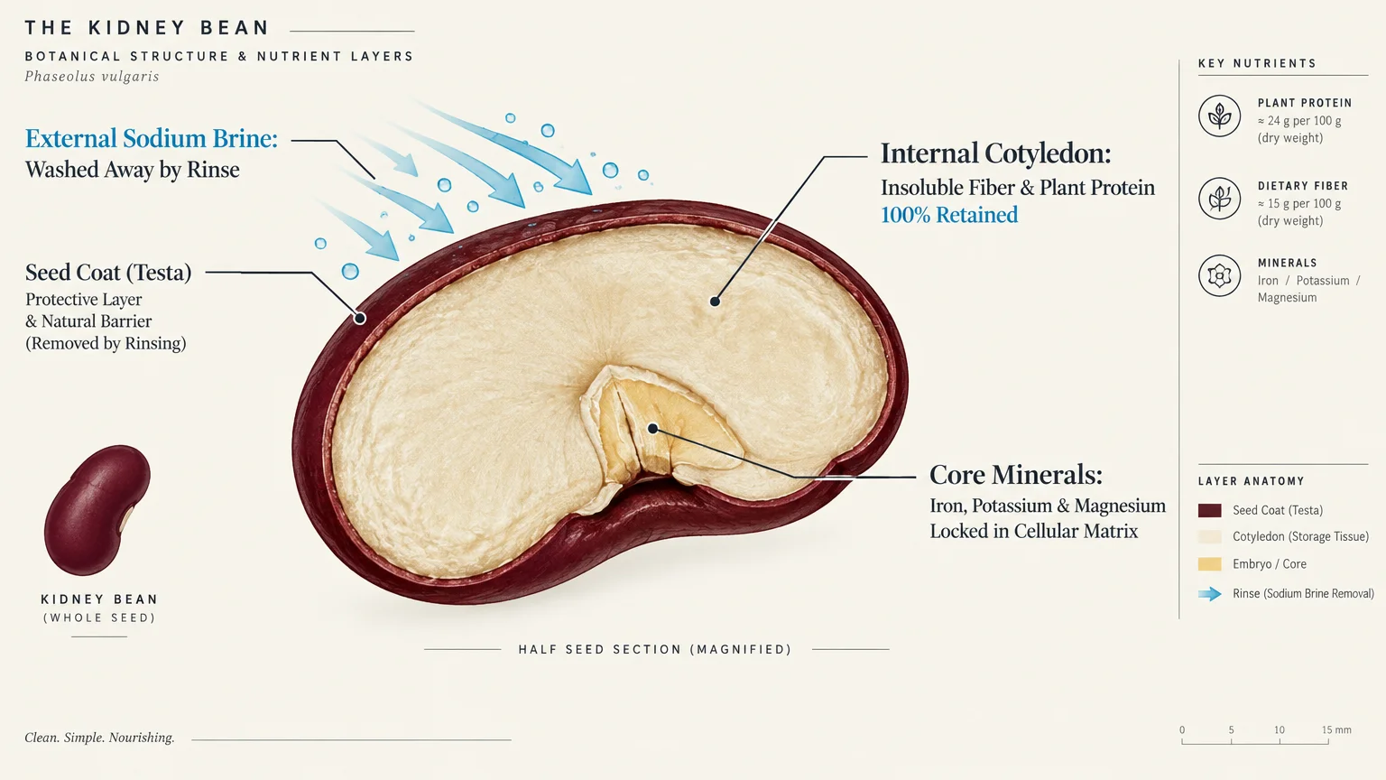 Botanical cross-section diagram of a kidney bean showing internal cotyledon, core minerals, and water rinsing external brine.