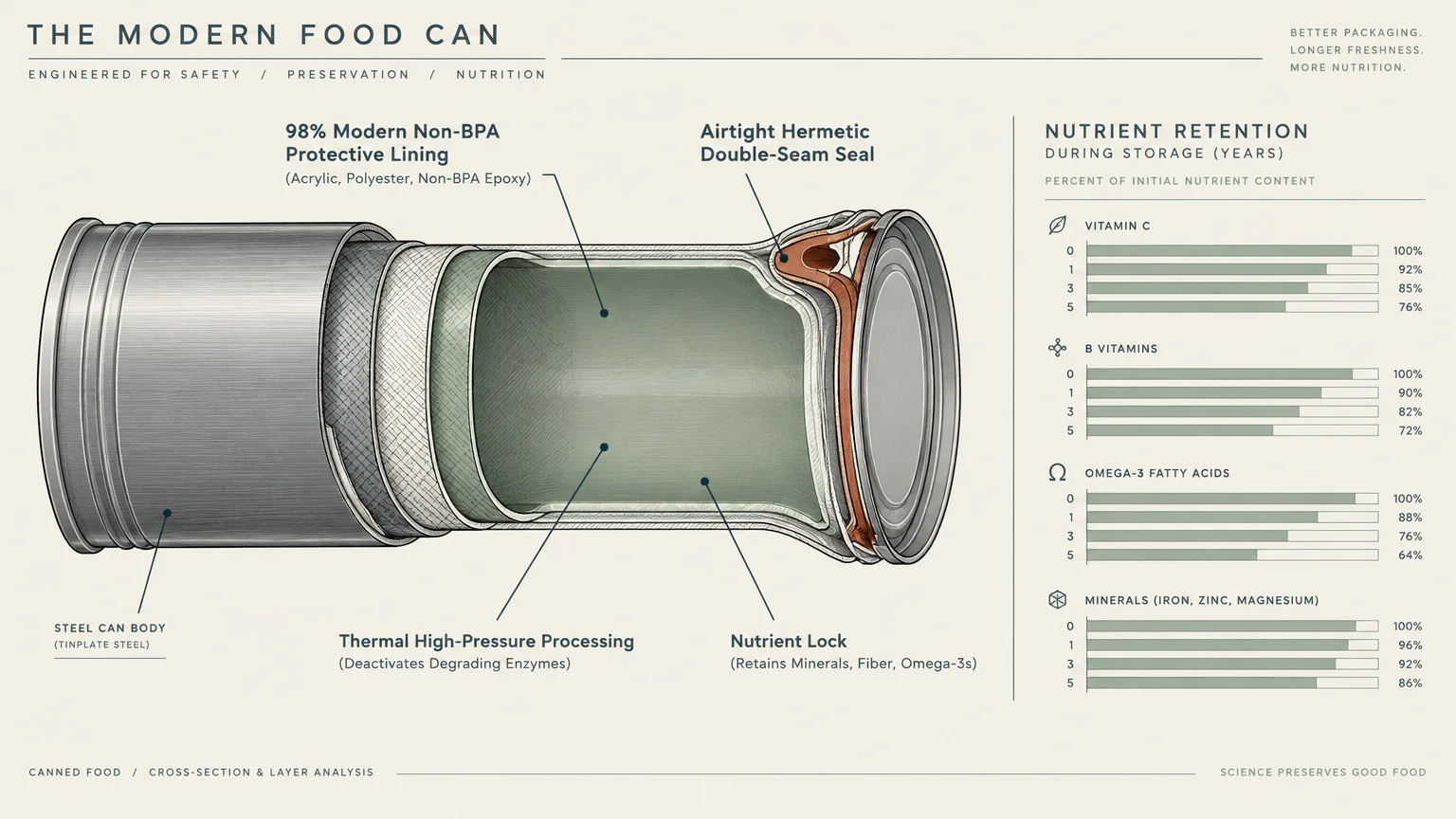 Diagram of a food can cross-section showing structural layers alongside charts of nutrient retention during storage years.
