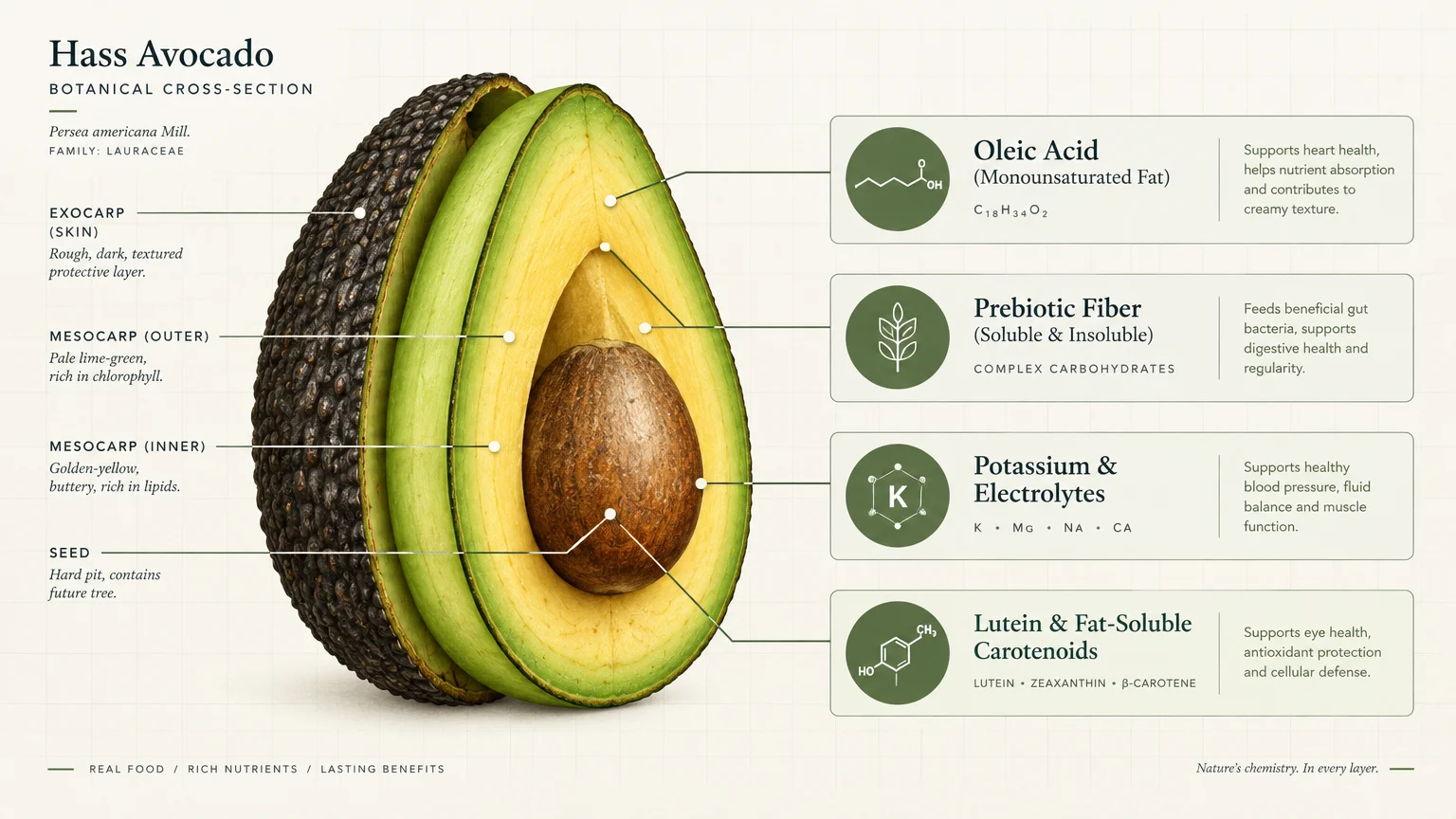 Cross-section diagram of a Hass avocado detailing anatomical layers like exocarp and mesocarp, paired with nutrient callouts.