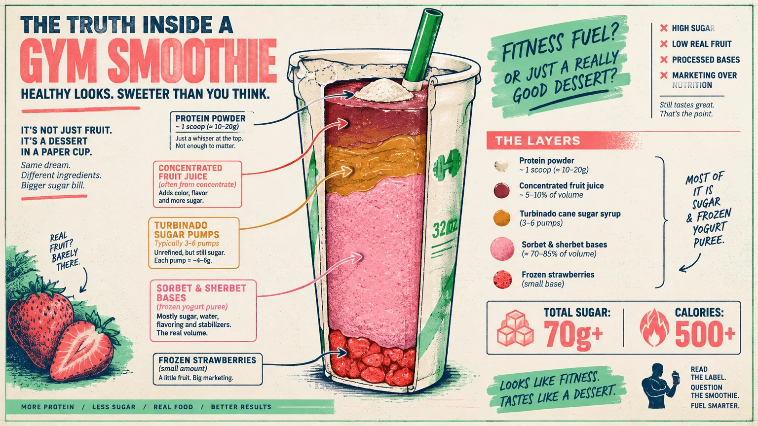 Diagram of a 32-ounce gym smoothie cutaway showing layers of sugar syrup, sorbet bases, and juice over fruit.