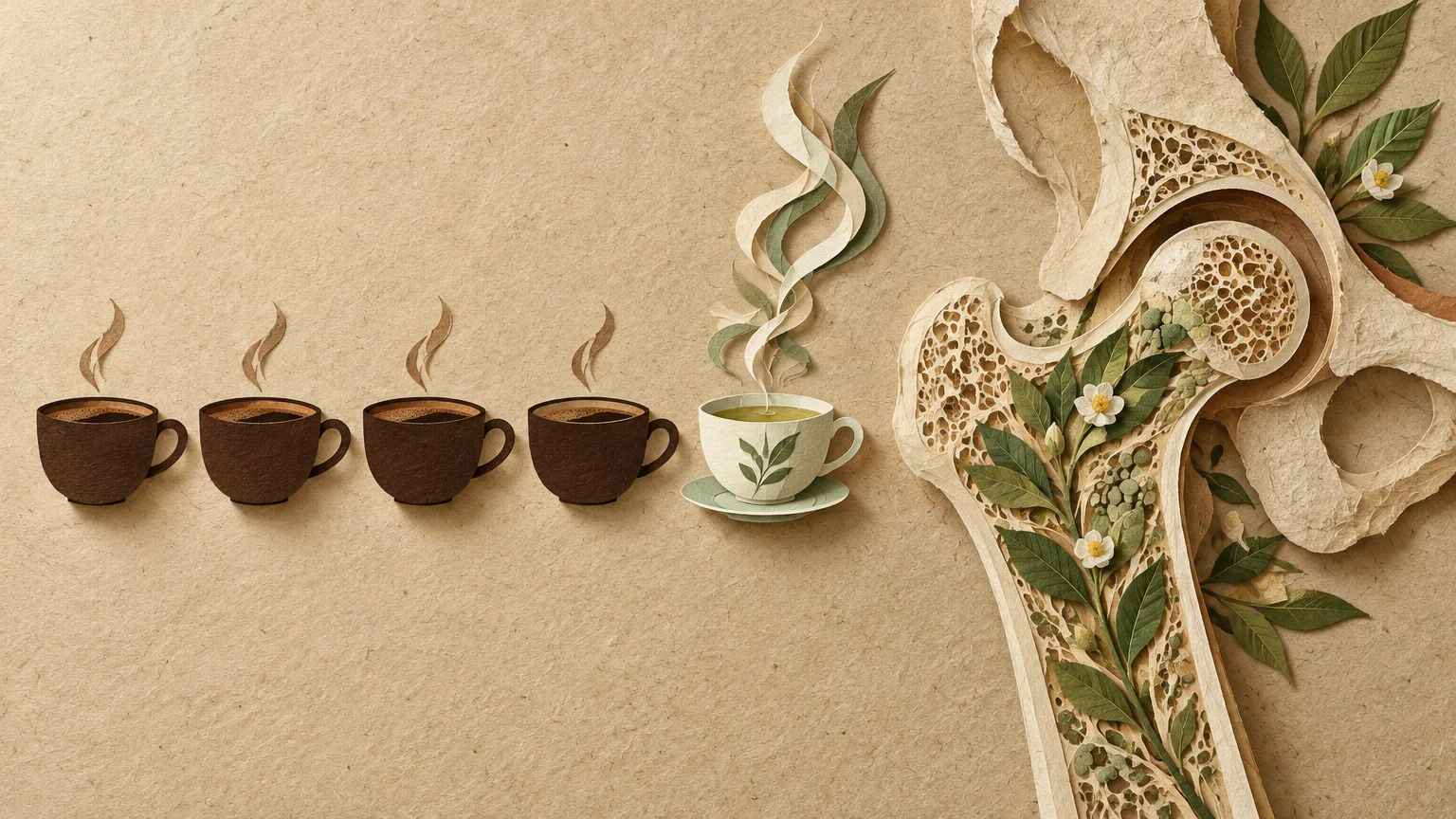 Paper craft collage of four brown coffee cups, a steaming teacup, and a cross-section of a hip joint with leaves.